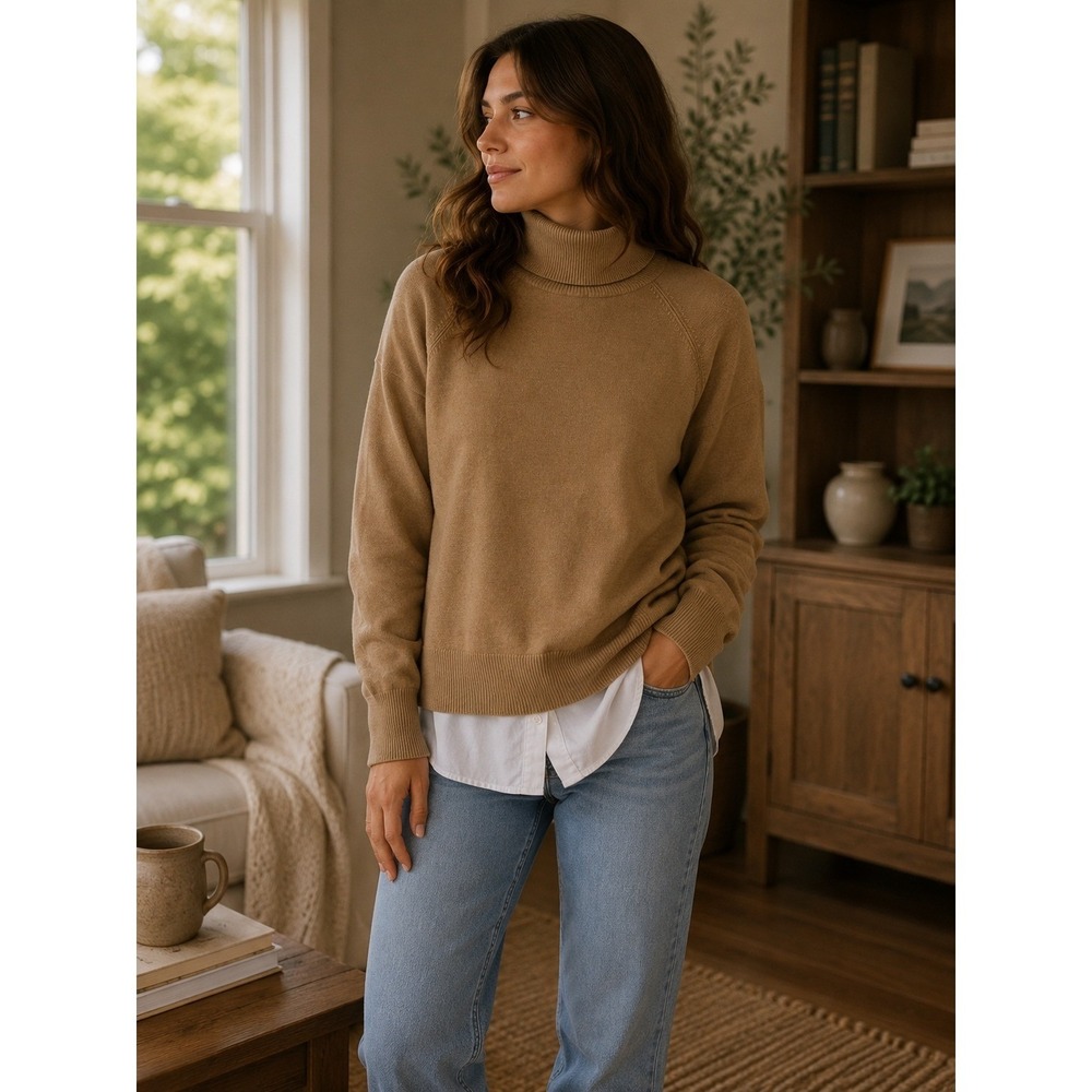 KF/KAUFMANFRANCO Sweater Women‎ Medium Camel Mixed Media Layered Preppy Academic